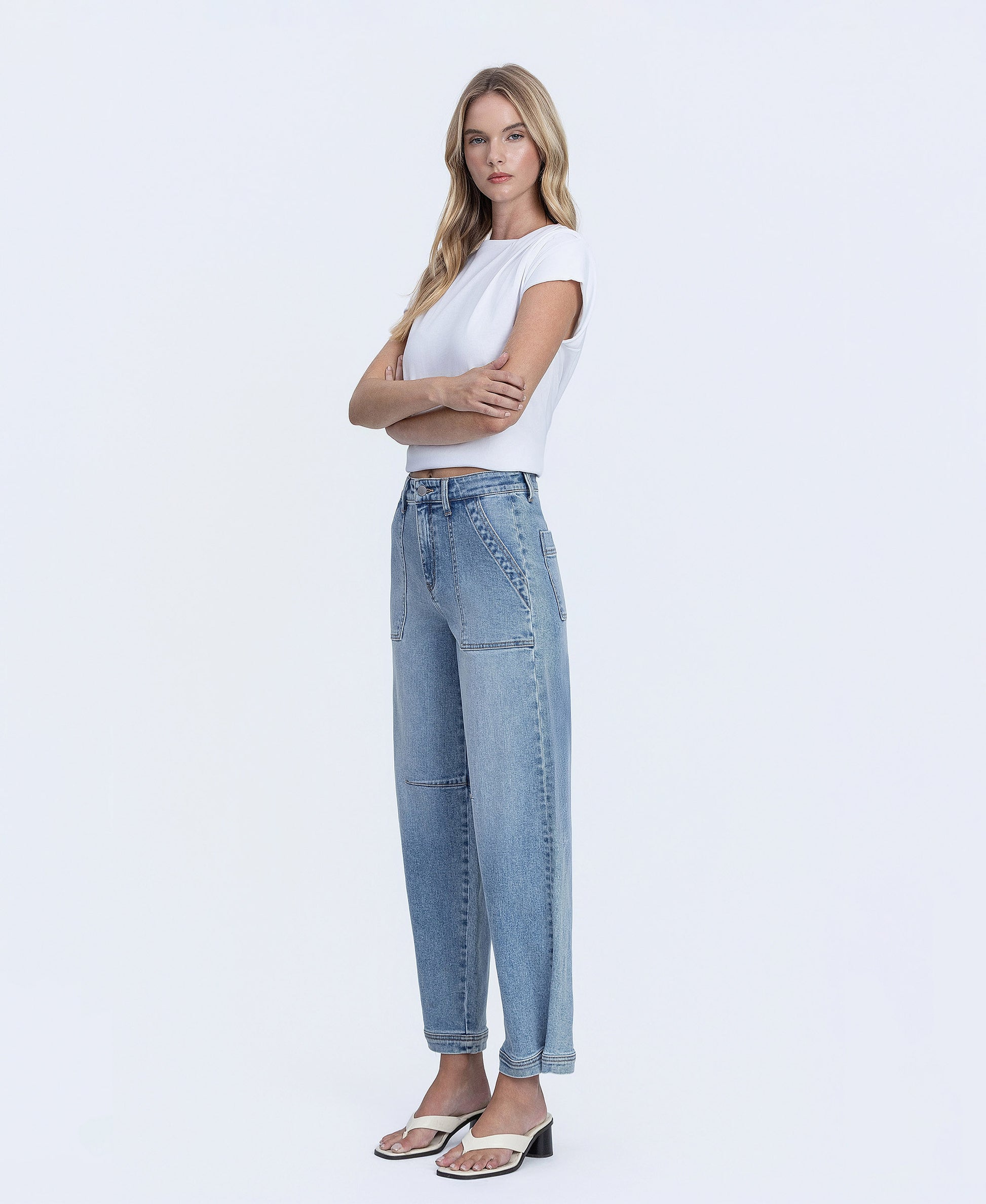 Left 45 degrees product image of Denim Tempest - Super High Rise Button Snap Hem Barrel Jeans