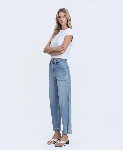 Left 45 degrees product image of Denim Tempest - Super High Rise Button Snap Hem Barrel Jeans