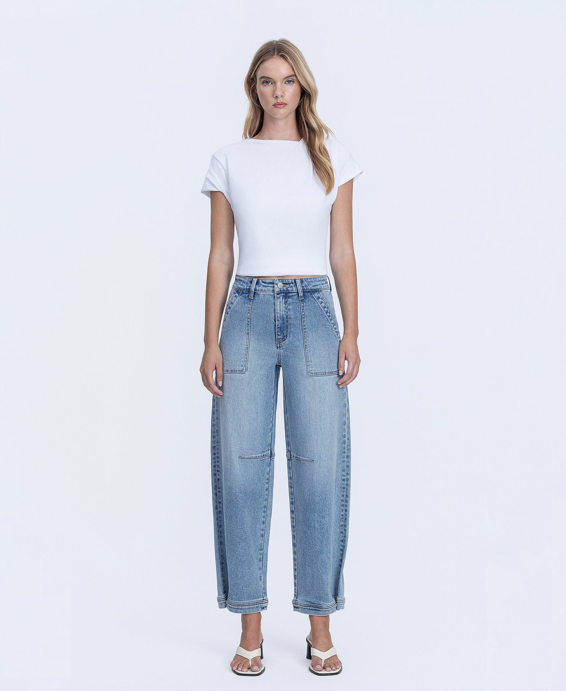 Front product images of Denim Tempest - Super High Rise Button Snap Hem Barrel Jeans