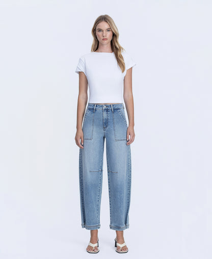 Front product images of Denim Tempest - Super High Rise Button Snap Hem Barrel Jeans