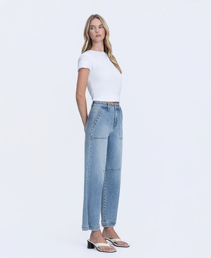 Right 45 degrees product image of Denim Tempest - Super High Rise Button Snap Hem Barrel Jeans