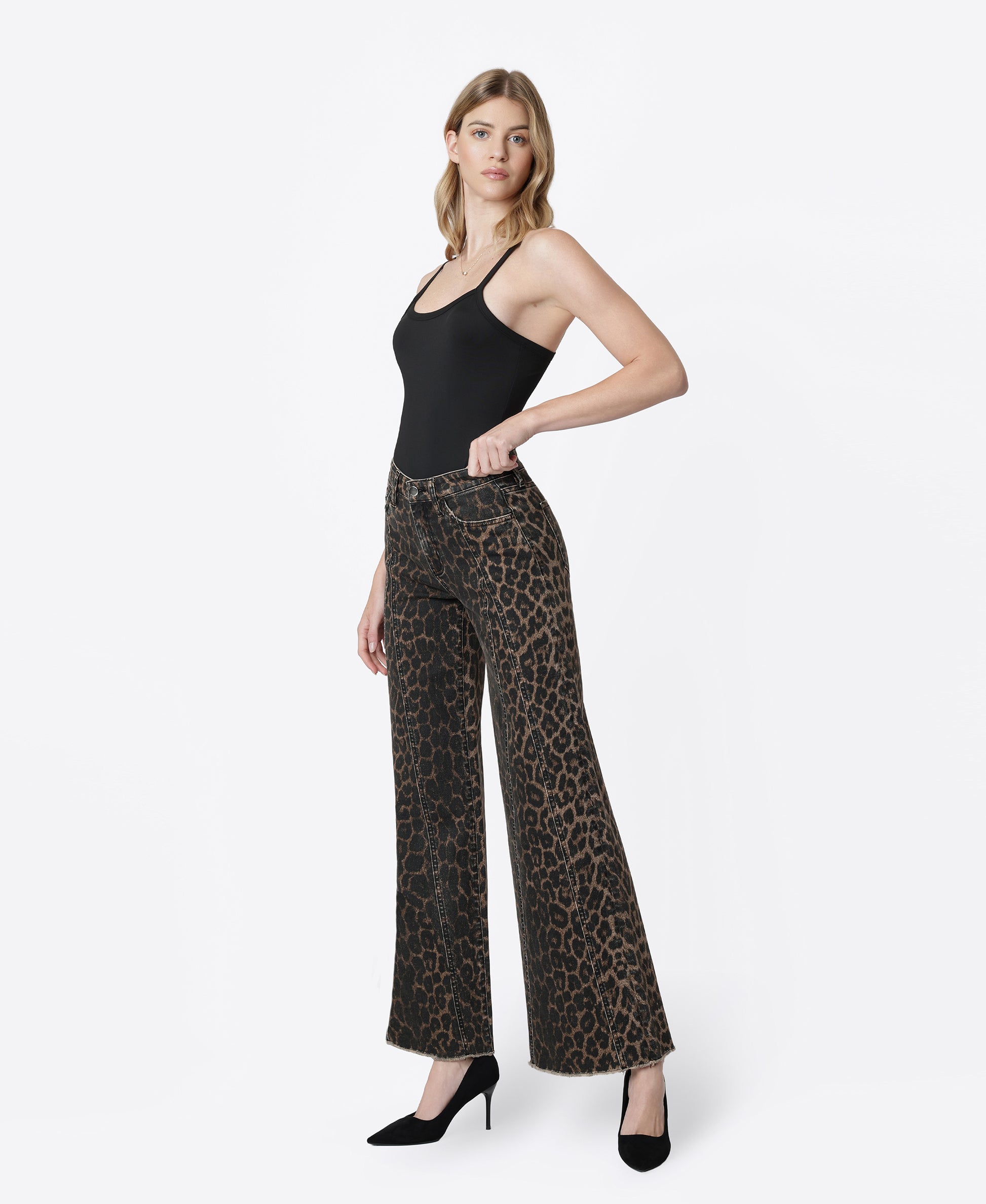 Left 45 degrees product image of Leopard - High Rise Raw Hem Extreme Wide Leg Jeans