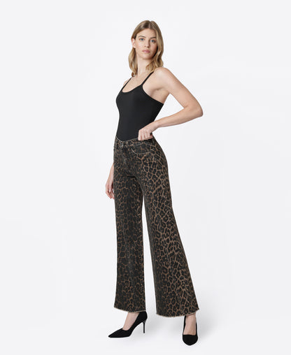 Left 45 degrees product image of Leopard - High Rise Raw Hem Extreme Wide Leg Jeans