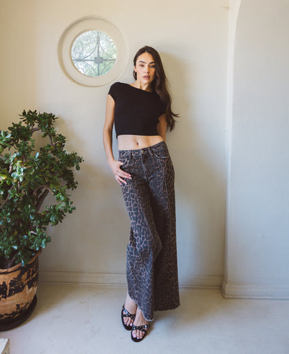 editorial image of Leopard - High Rise Raw Hem Extreme Wide Leg Jeans