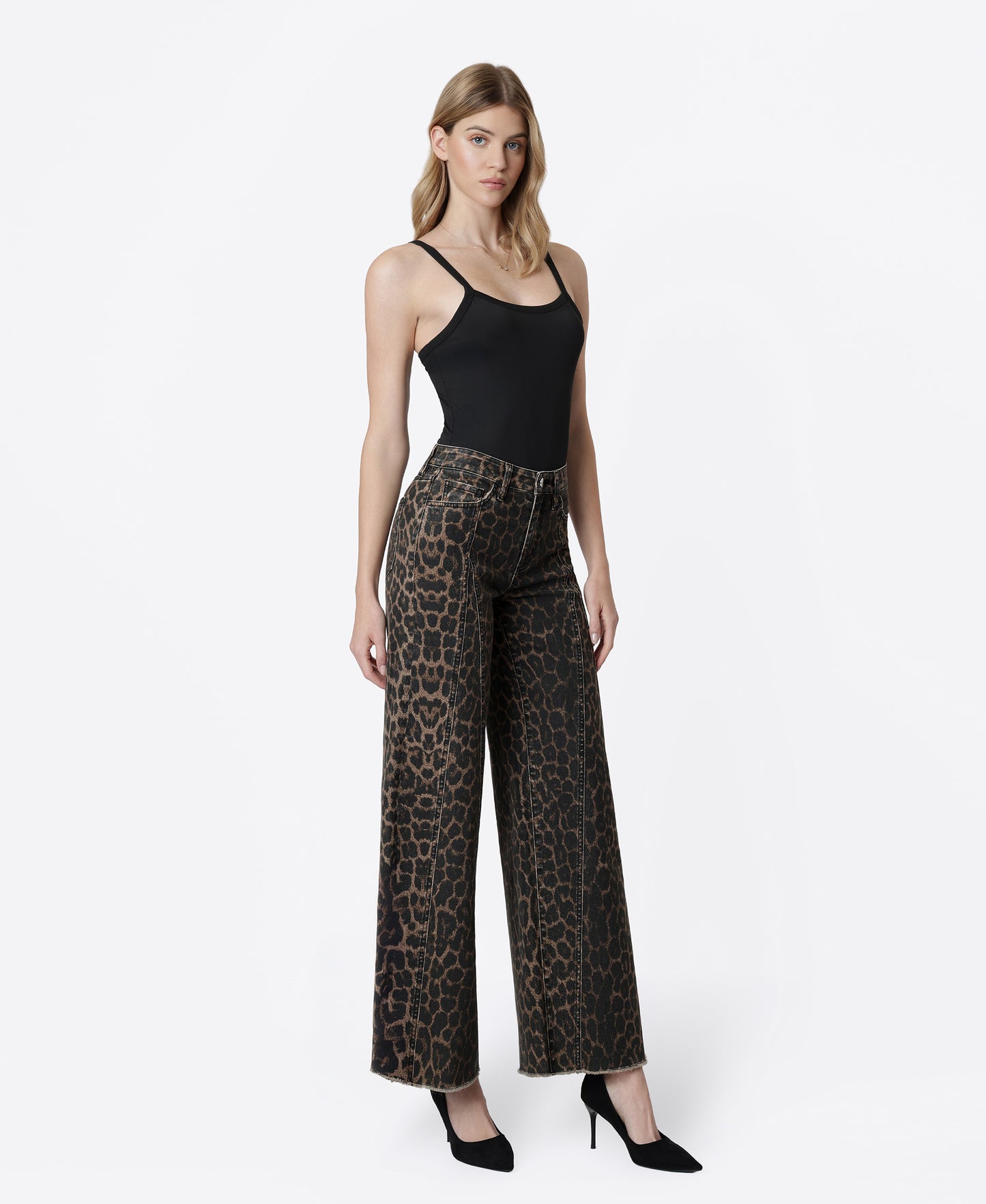 Right 45 degrees product image of Leopard - High Rise Raw Hem Extreme Wide Leg Jeans