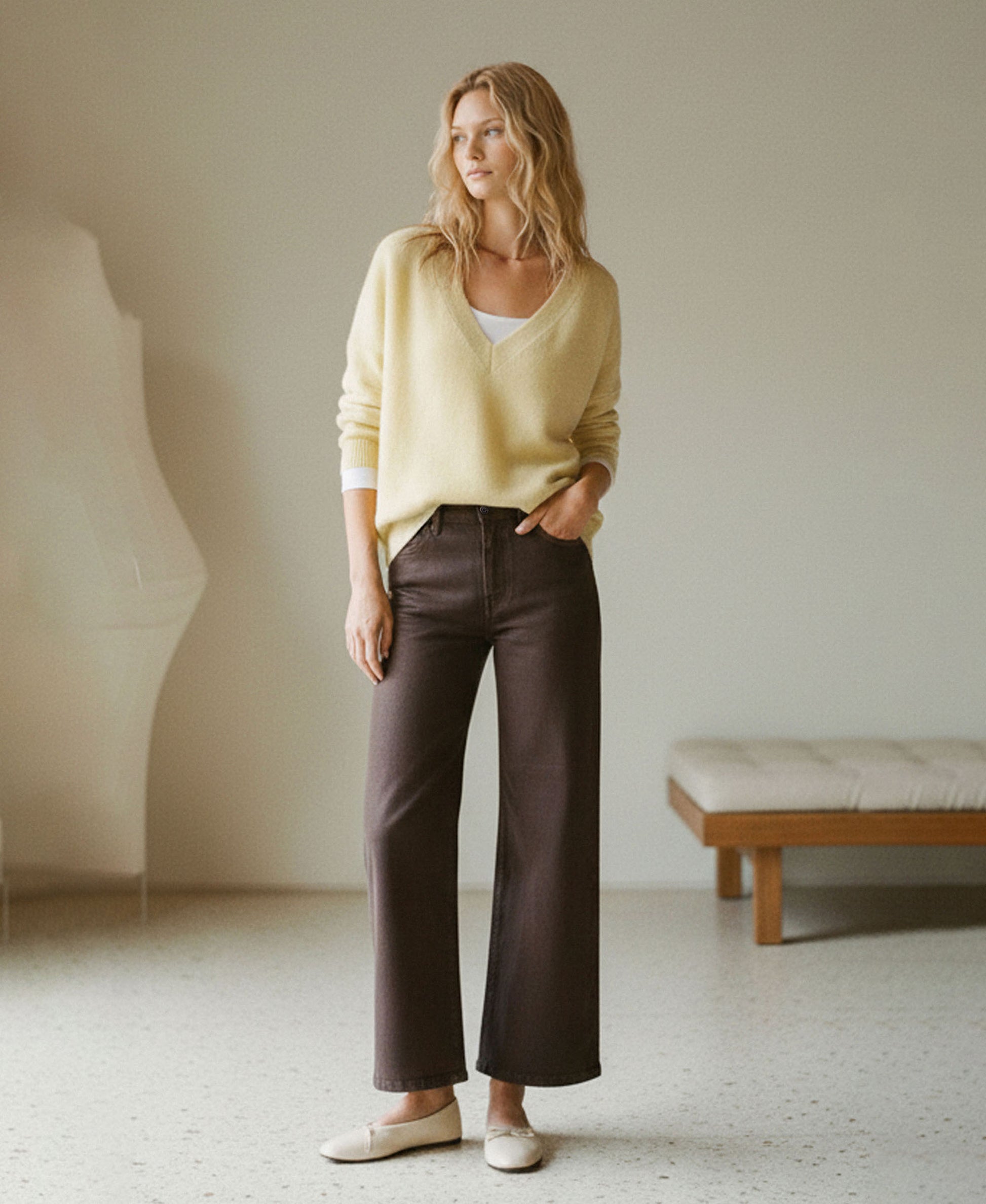 editorial image of Chicory Coffee - High Rise Coated Wide Leg Jeans
