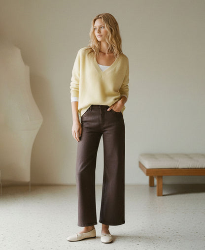 editorial image of Chicory Coffee - High Rise Coated Wide Leg Jeans