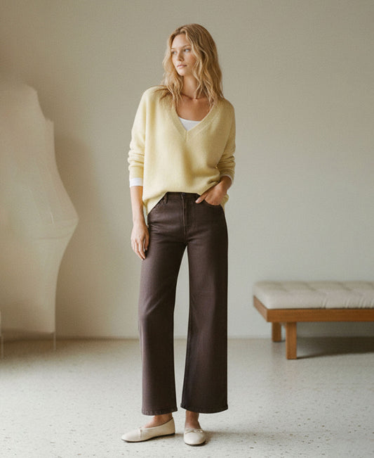 editorial image of Chicory Coffee - High Rise Coated Wide Leg Jeans