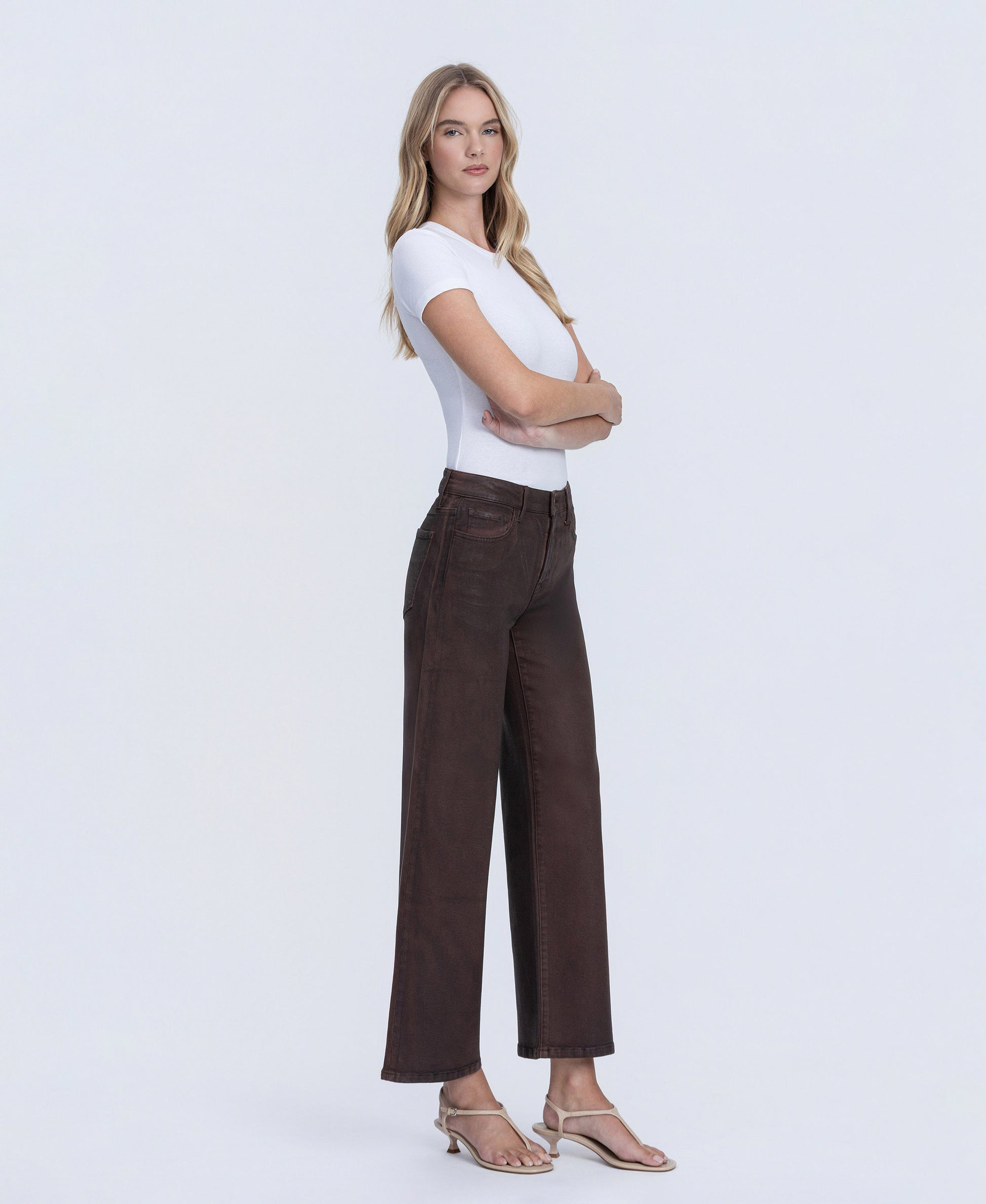 Right 45 degrees product image of Chicory Coffee - High Rise Coated Wide Leg Jeans
