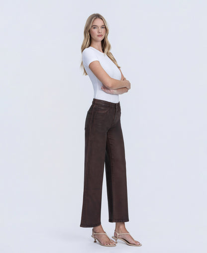 Right 45 degrees product image of Chicory Coffee - High Rise Coated Wide Leg Jeans