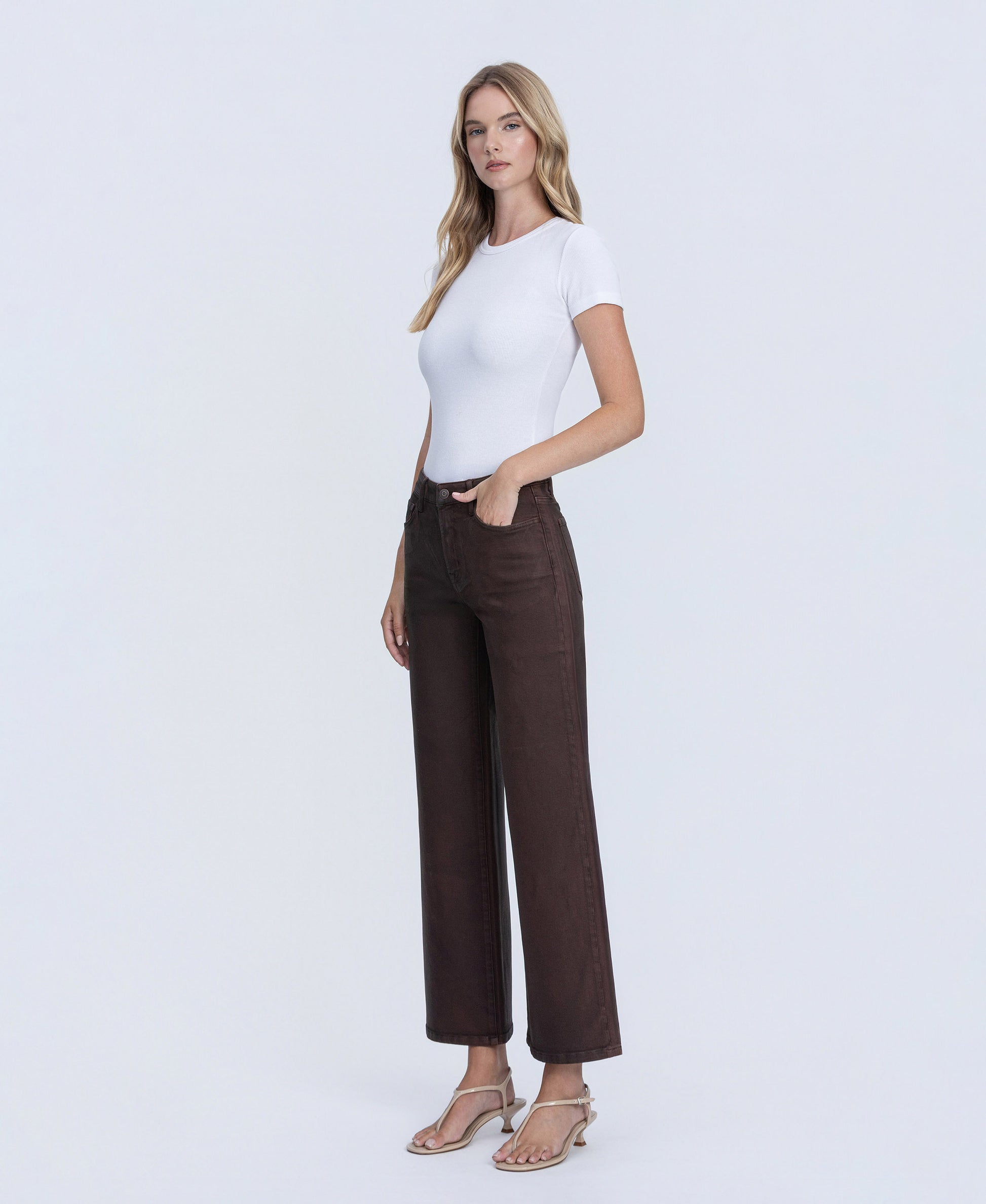 Left 45 degrees product image of Chicory Coffee - High Rise Coated Wide Leg Jeans