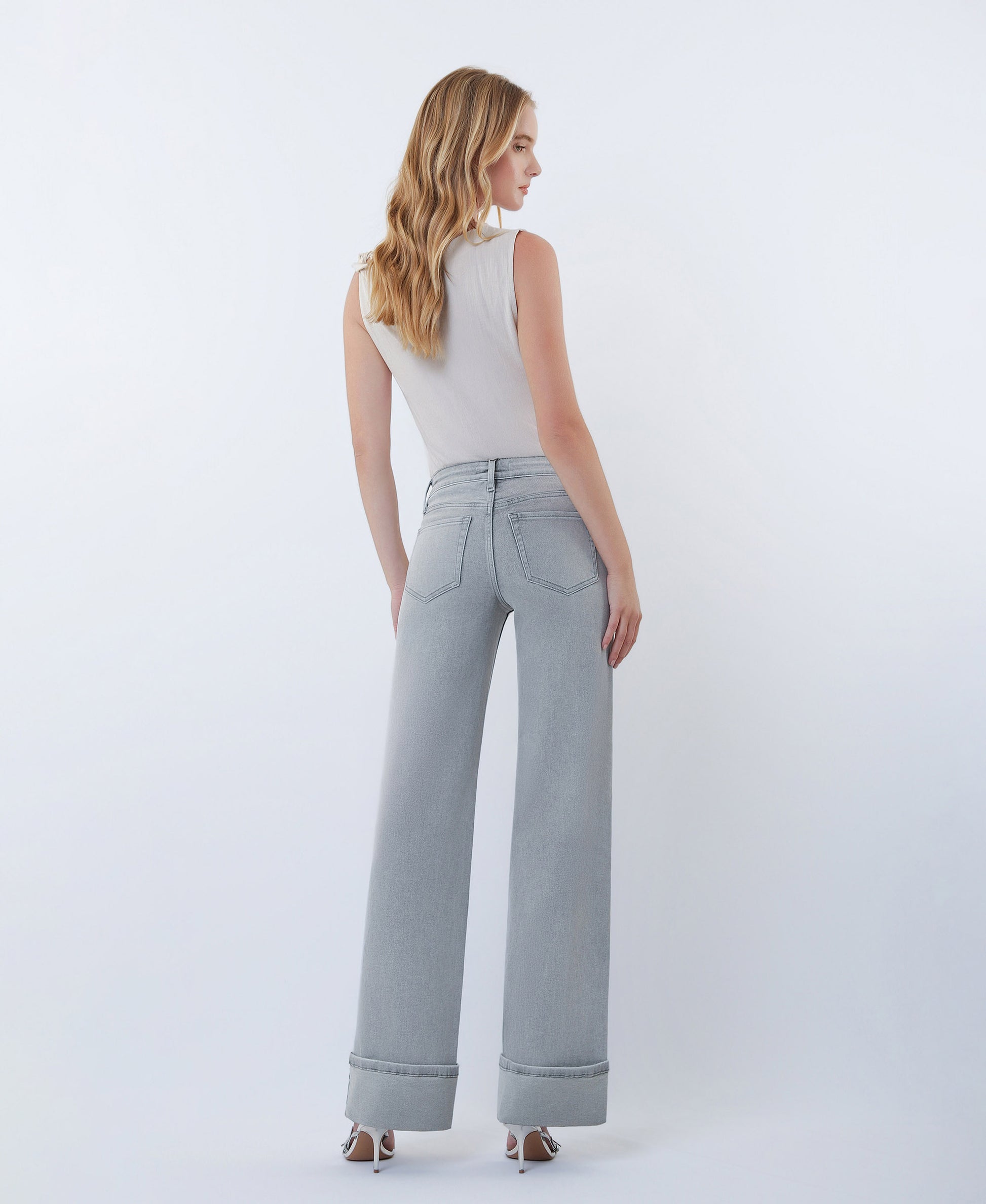 Back product images of Grey - Mid Rise Full Length Cuffed Wide Leg Jeans