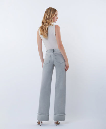 Back product images of Grey - Mid Rise Full Length Cuffed Wide Leg Jeans