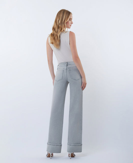 Back product images of Grey - Mid Rise Full Length Cuffed Wide Leg Jeans