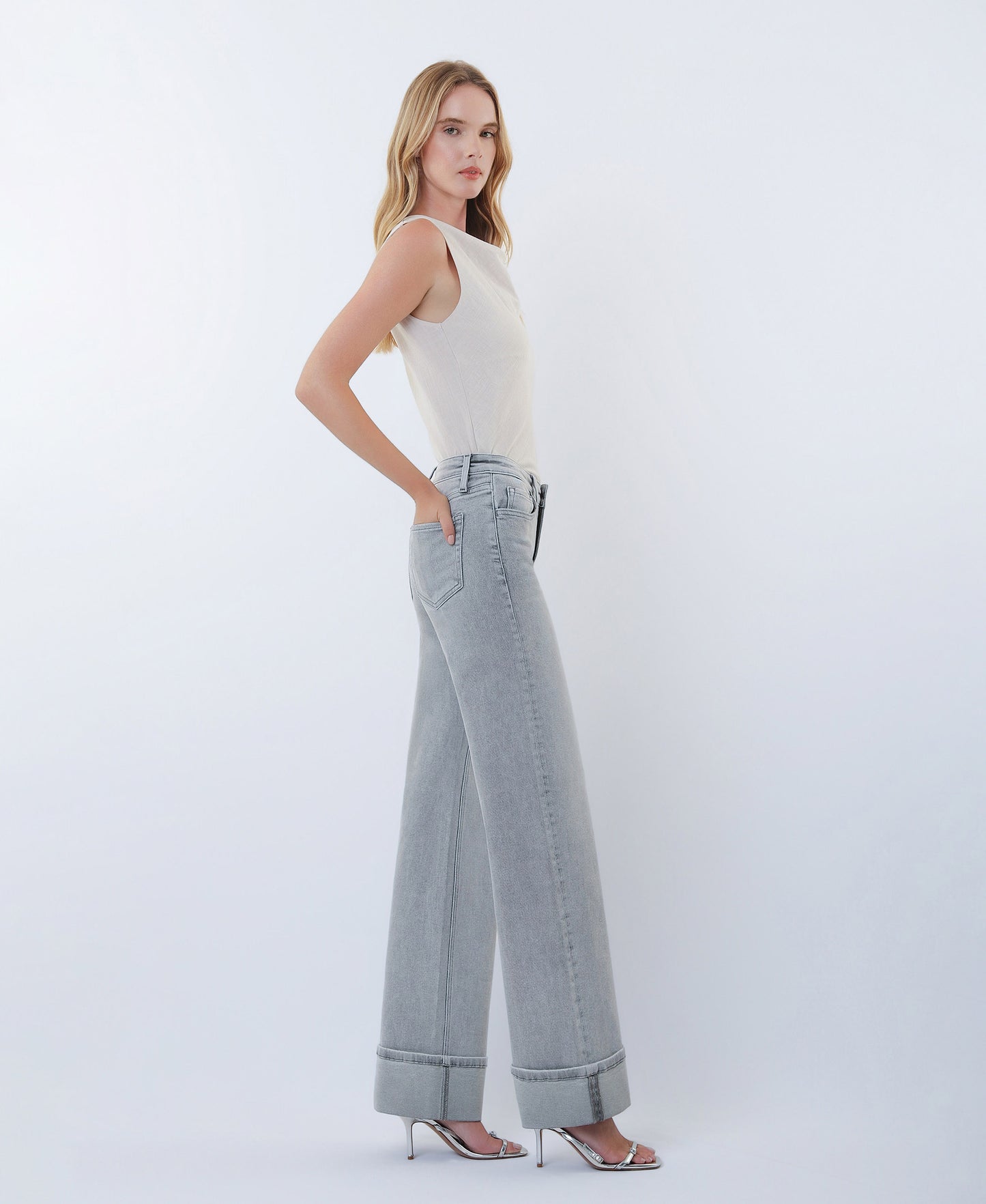 Right side product images of  Grey - Mid Rise Full Length Cuffed Wide Leg Jeans