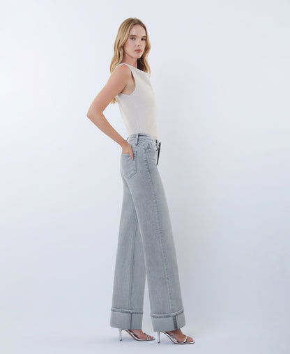 Right side product images of  Grey - Mid Rise Full Length Cuffed Wide Leg Jeans