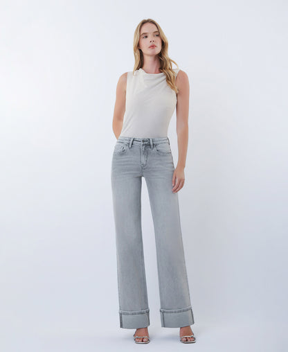 Front product images of Grey - Mid Rise Full Length Cuffed Wide Leg Jeans