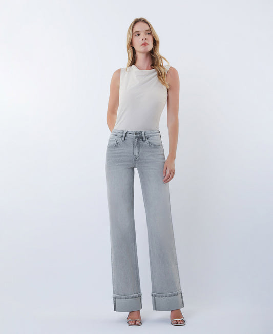 Front product images of Grey - Mid Rise Full Length Cuffed Wide Leg Jeans