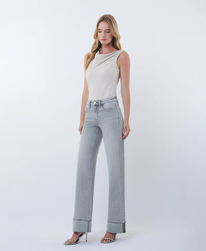 Left 45 degrees product image of Grey - Mid Rise Full Length Cuffed Wide Leg Jeans