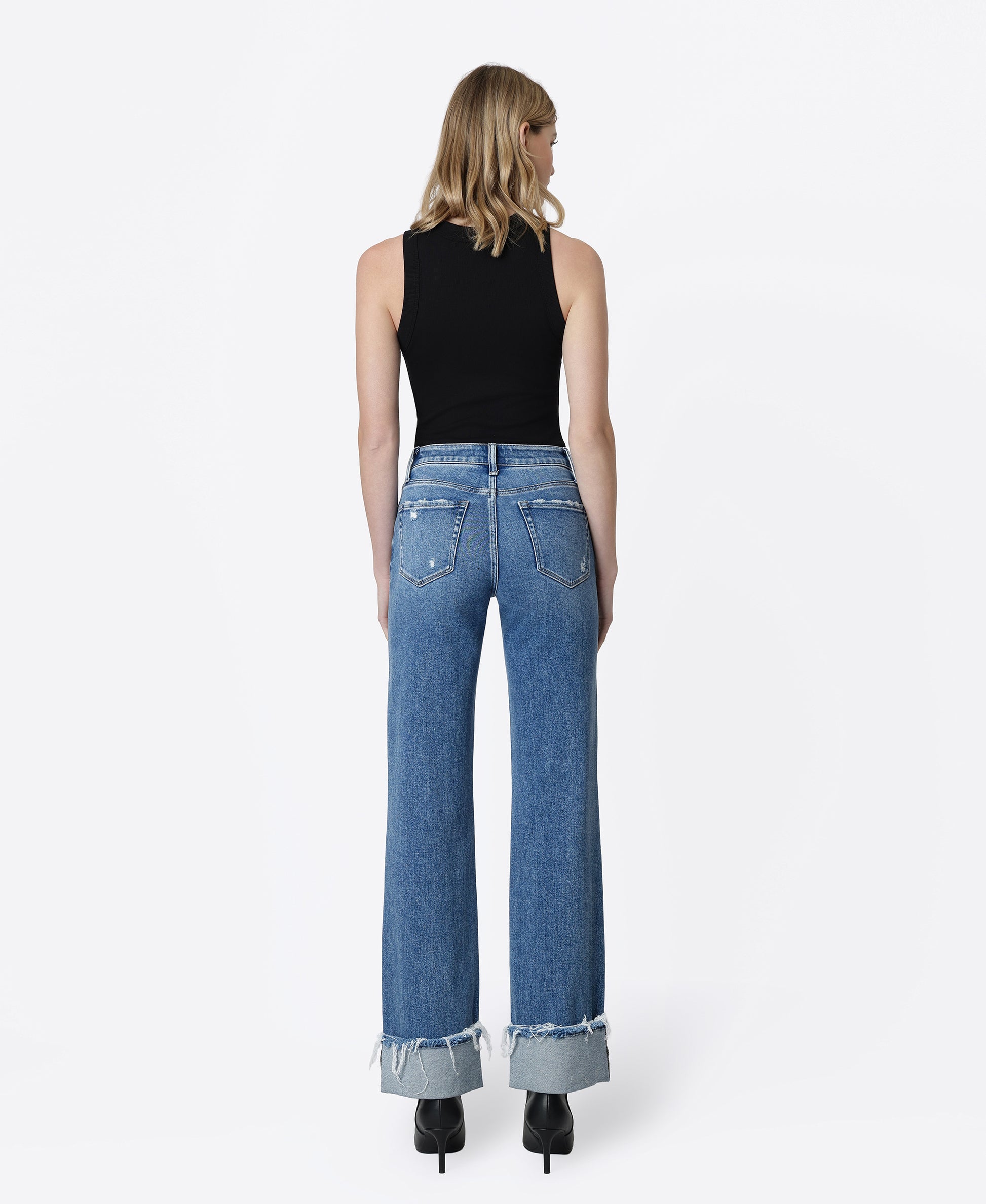 Back product images of Fascinating - High Rise Distressed Cuffed Slim Wide Leg Jeans