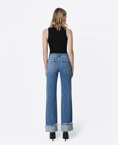 Back product images of Fascinating - High Rise Distressed Cuffed Slim Wide Leg Jeans