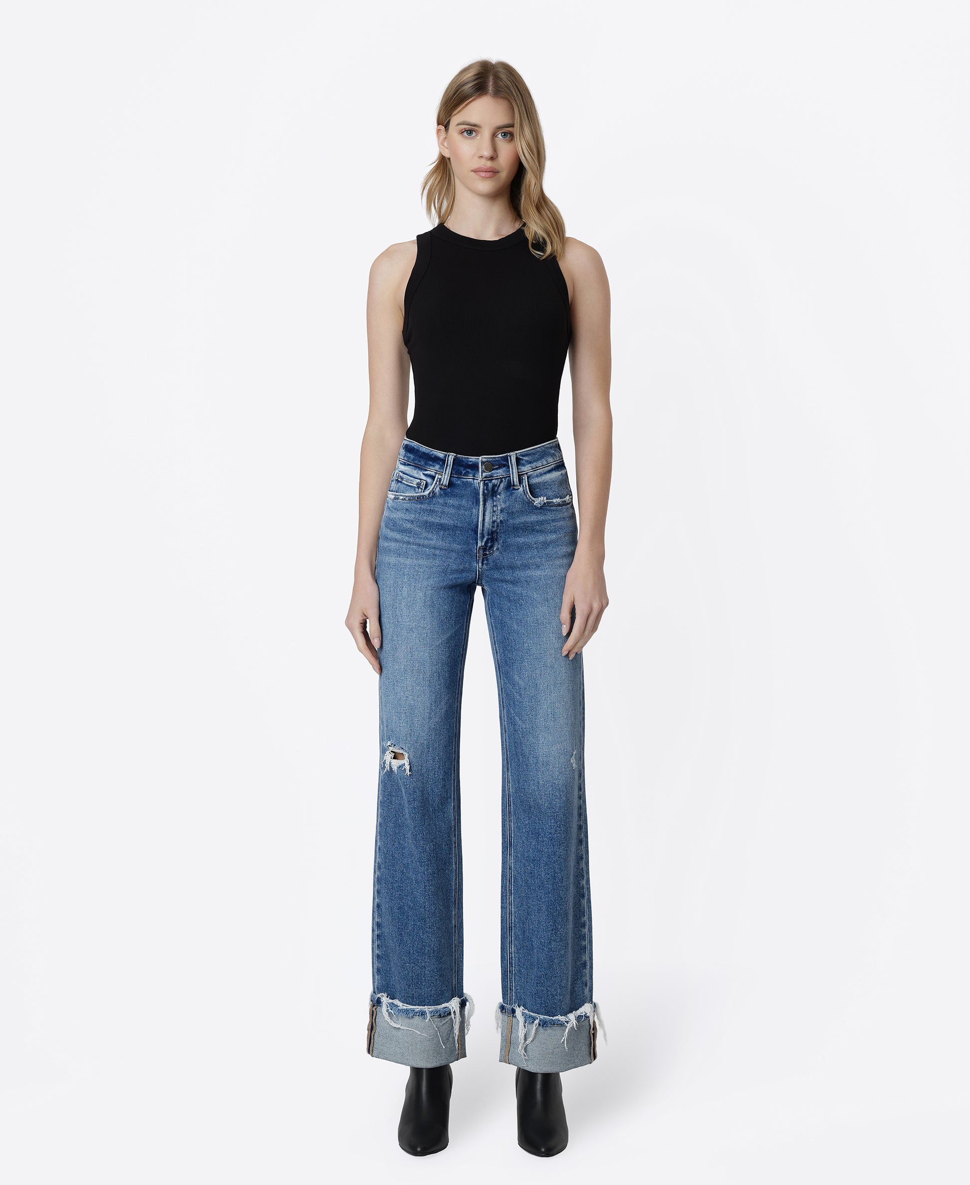Front product images of Fascinating - High Rise Distressed Cuffed Slim Wide Leg Jeans
