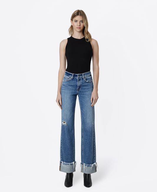 Front product images of Fascinating - High Rise Distressed Cuffed Slim Wide Leg Jeans
