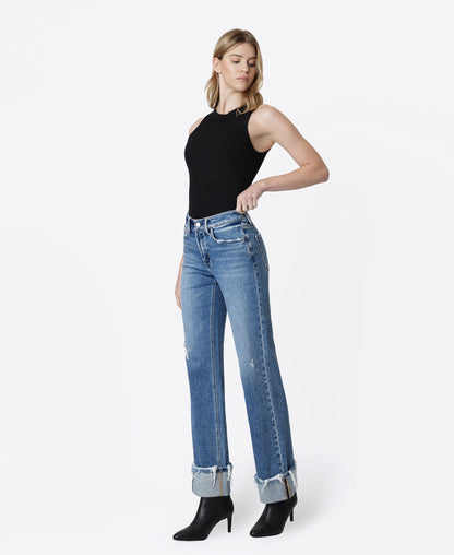 Left 45 degrees product image of Fascinating - High Rise Distressed Cuffed Slim Wide Leg Jeans