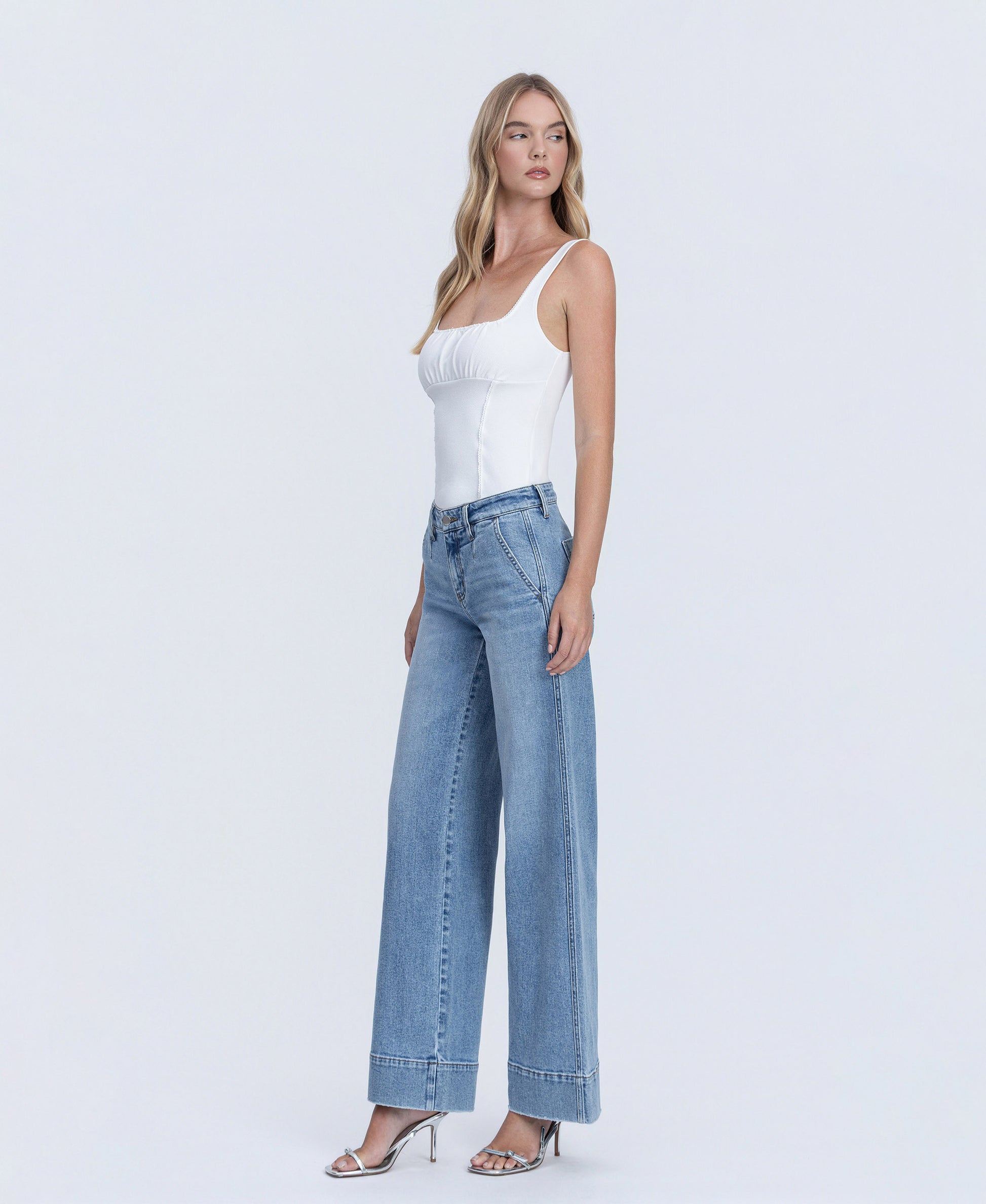 Left 45 degrees product image of Understanding - Mid Rise Trouser Hem Wide Leg Jeans With Darts