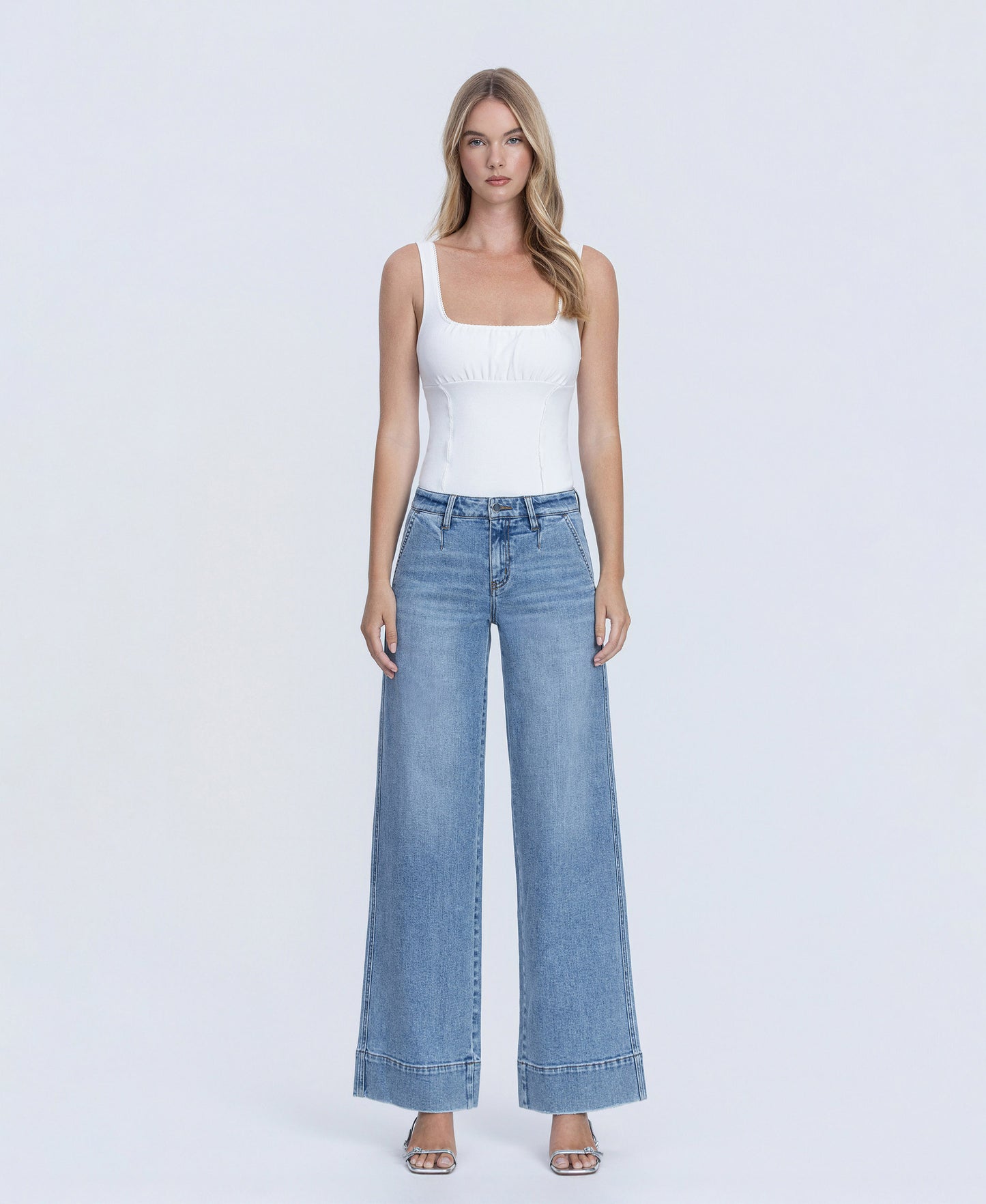 Front product images of Understanding - Mid Rise Trouser Hem Wide Leg Jeans With Darts