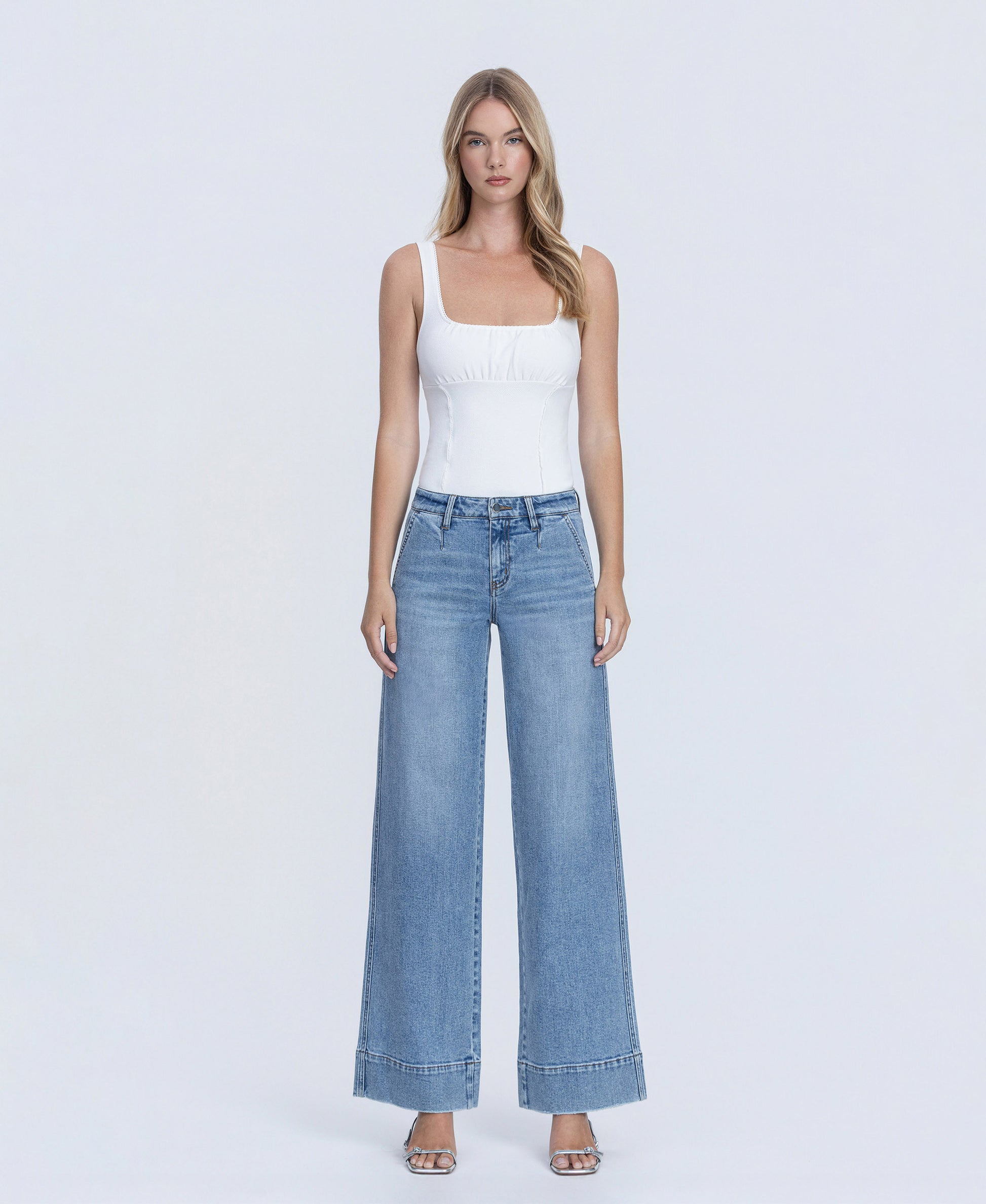 Front product images of Understanding - Mid Rise Trouser Hem Wide Leg Jeans With Darts