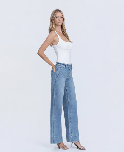 Right 45 degrees product image of Understanding - Mid Rise Trouser Hem Wide Leg Jeans With Darts