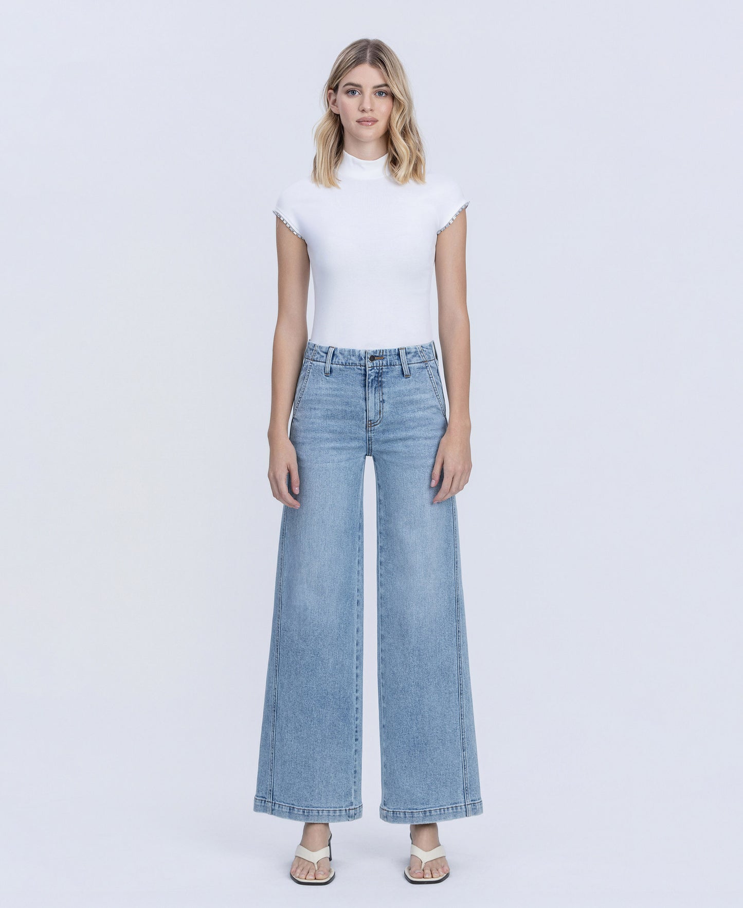 Front product images of Self Belief - High Rise Trouser Hem Twist Wide Leg Jeans