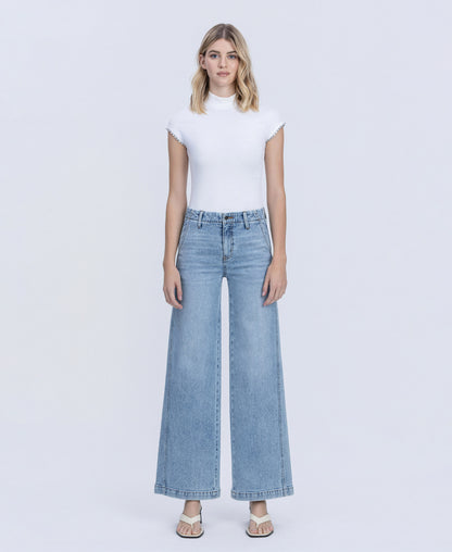 Front product images of Self Belief - High Rise Trouser Hem Twist Wide Leg Jeans