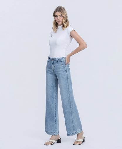 Left 45 degrees product image of Self Belief - High Rise Trouser Hem Twist Wide Leg Jeans