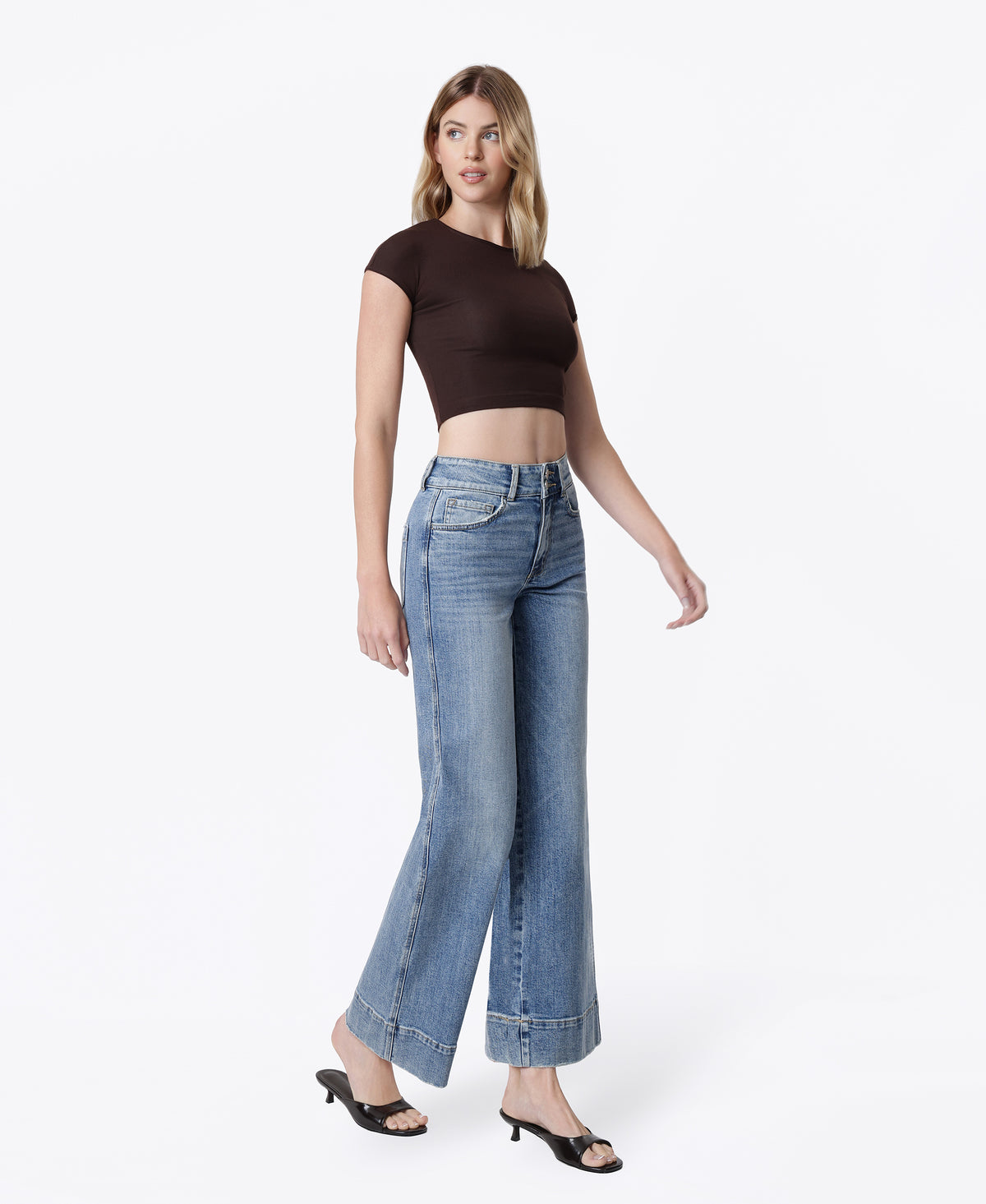Right 45 degrees product image of Backdrop - Super High Rise Half Yoke Trouser Hem Wide Leg Jeans