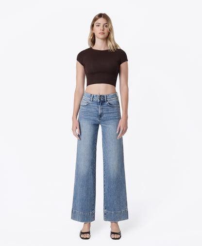 Front product images of Backdrop - Super High Rise Half Yoke Trouser Hem Wide Leg Jeans
