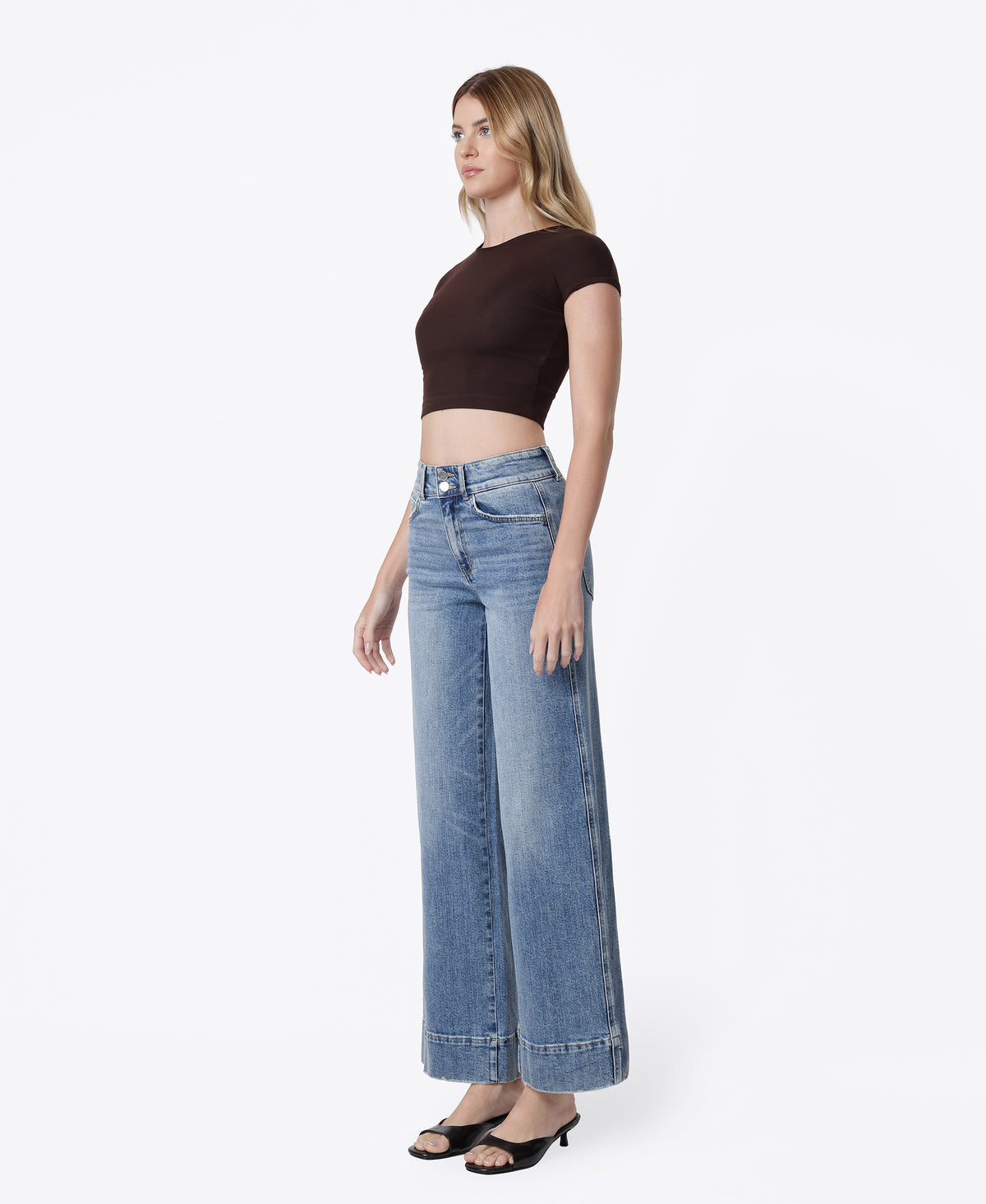 Left 45 degrees product image of Backdrop - Super High Rise Half Yoke Trouser Hem Wide Leg Jeans