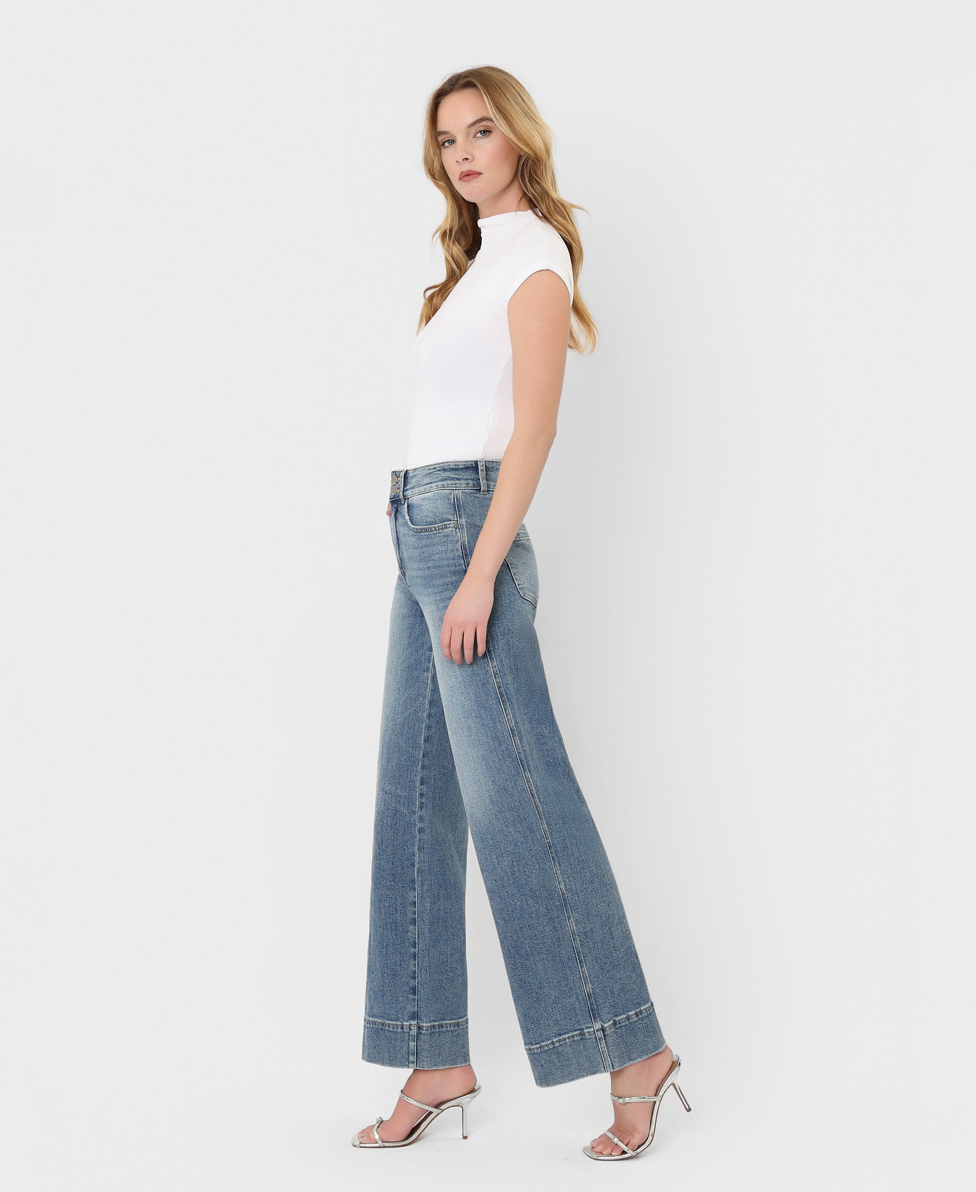 Left side product images of Backdrop - Super High Rise Half Yoke Trouser Hem Wide Leg Jeans