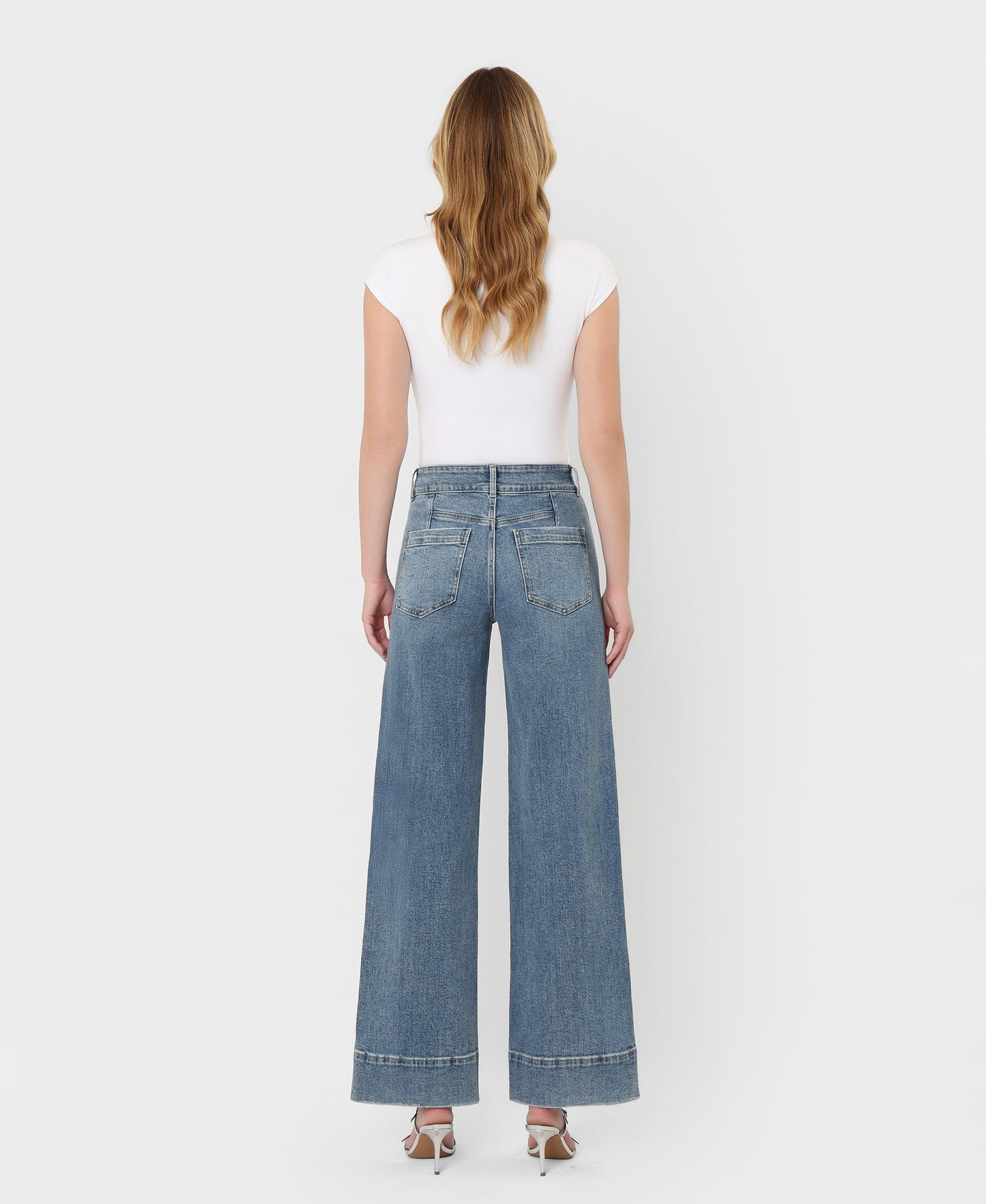 Back product images of Backdrop - Super High Rise Half Yoke Trouser Hem Wide Leg Jeans
