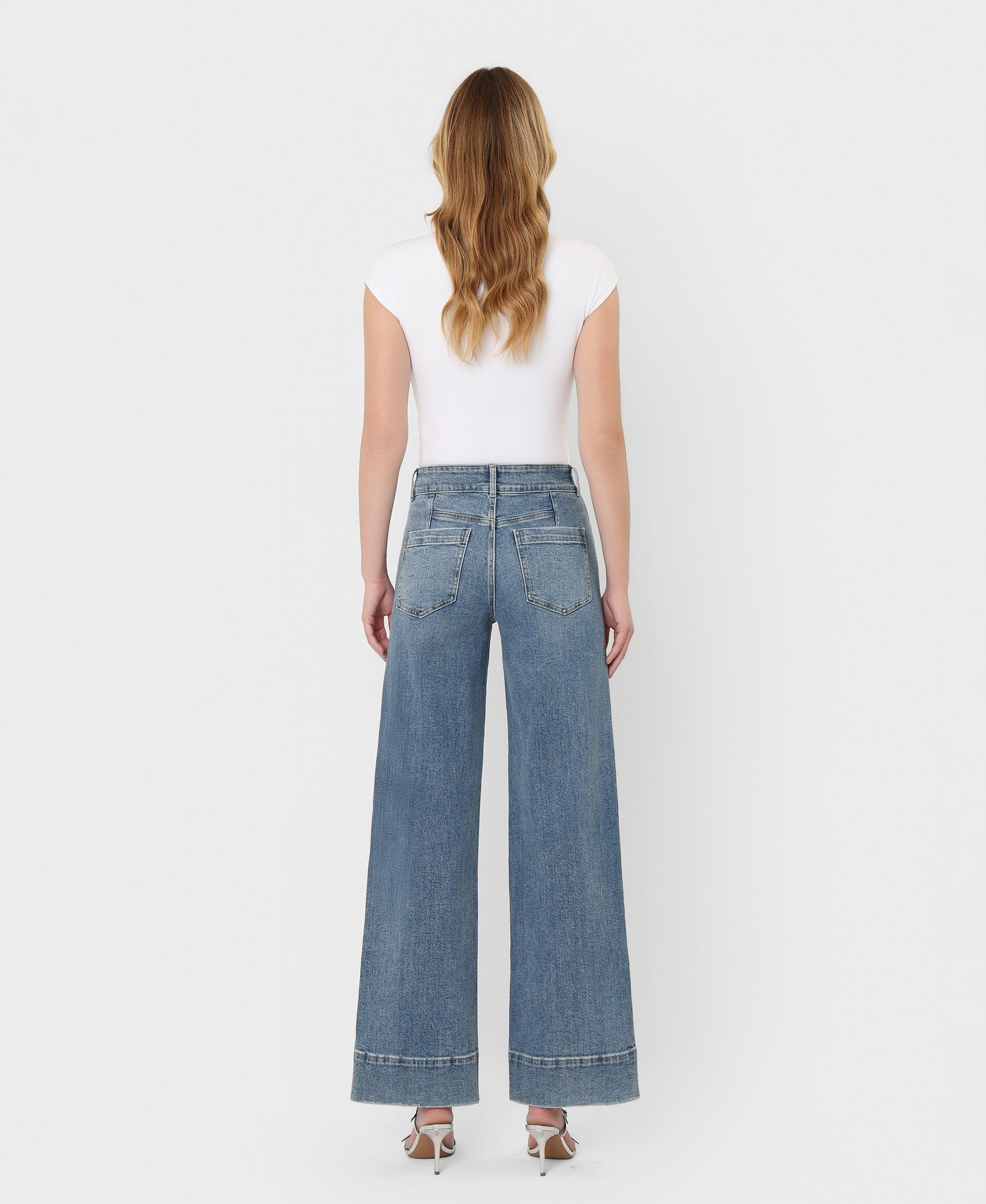 Back product images of Backdrop - Super High Rise Half Yoke Trouser Hem Wide Leg Jeans