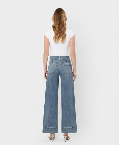 Back product images of Backdrop - Super High Rise Half Yoke Trouser Hem Wide Leg Jeans