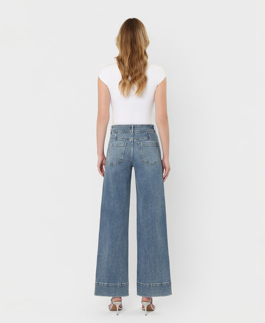 Back product images of Backdrop - Super High Rise Half Yoke Trouser Hem Wide Leg Jeans