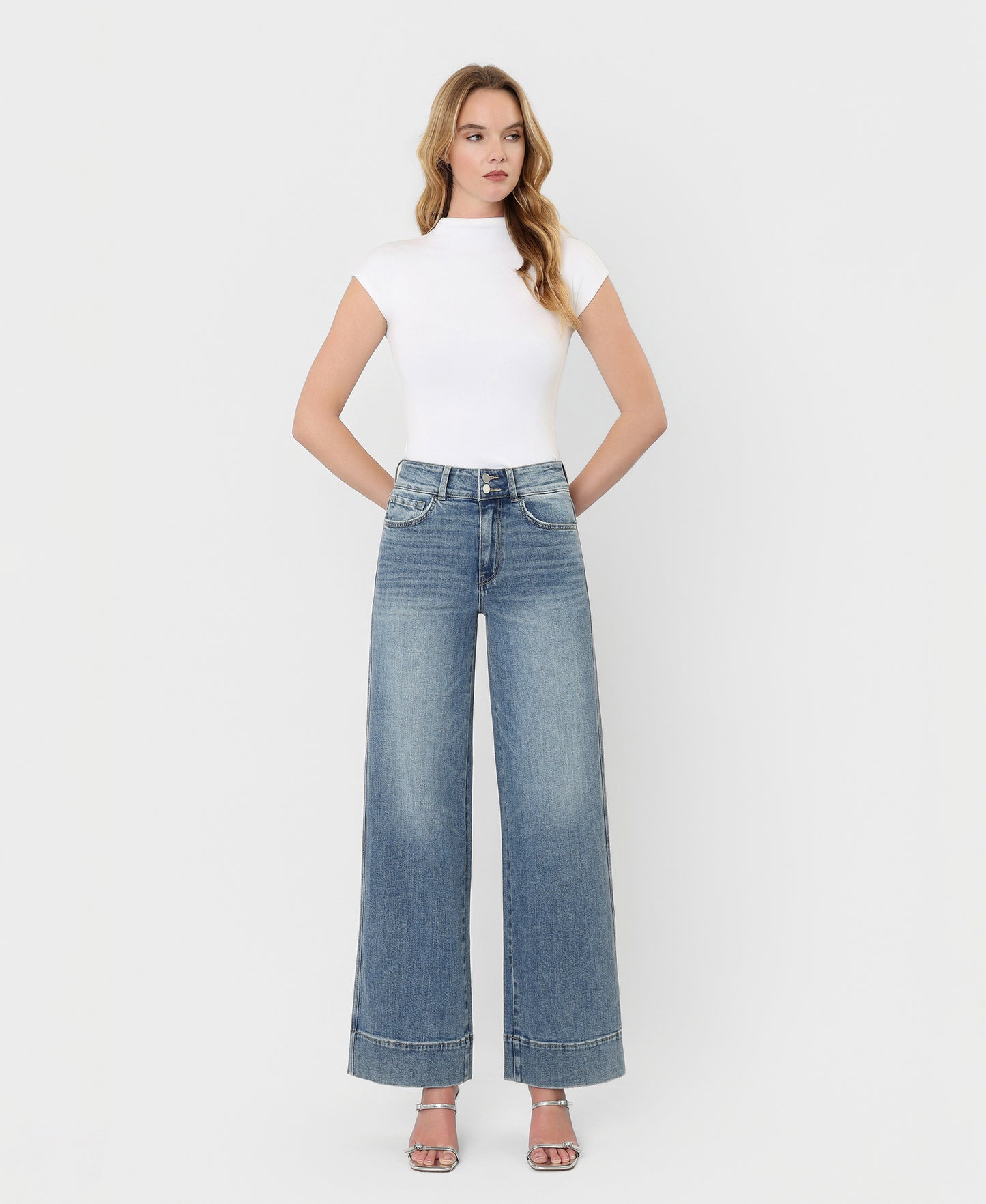 Front product images of Backdrop - Super High Rise Half Yoke Trouser Hem Wide Leg Jeans
