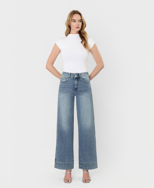 Front product images of Backdrop - Super High Rise Half Yoke Trouser Hem Wide Leg Jeans
