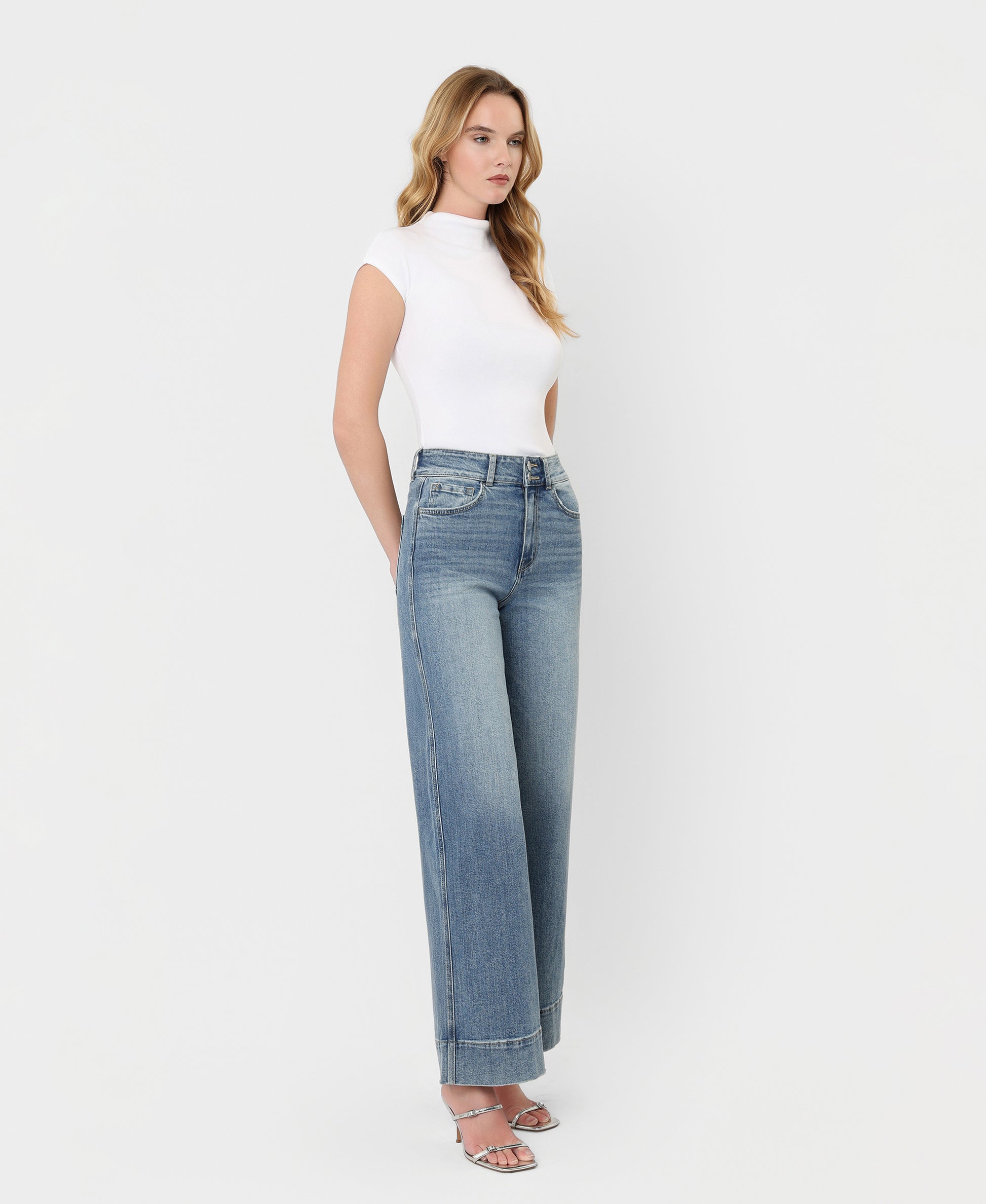 Right 45 degrees product image of Backdrop - Super High Rise Half Yoke Trouser Hem Wide Leg Jeans