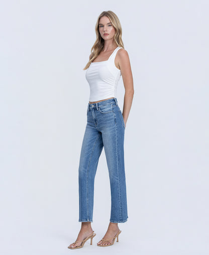 Left 45 degrees product image of Disco Ball - High Rise Distressed Hem Ankle Straight Jeans