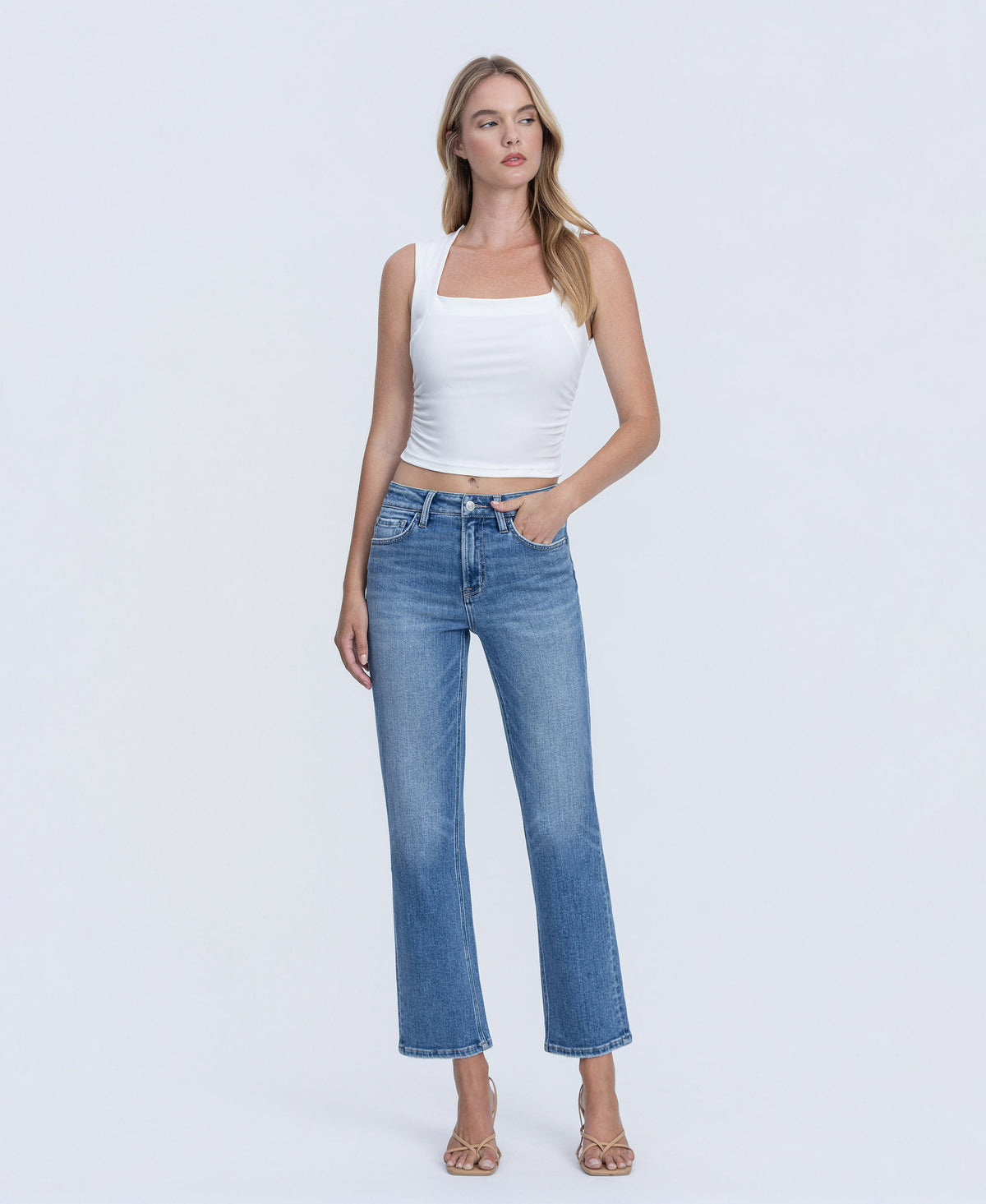 Front product images of Disco Ball - High Rise Distressed Hem Ankle Straight Jeans