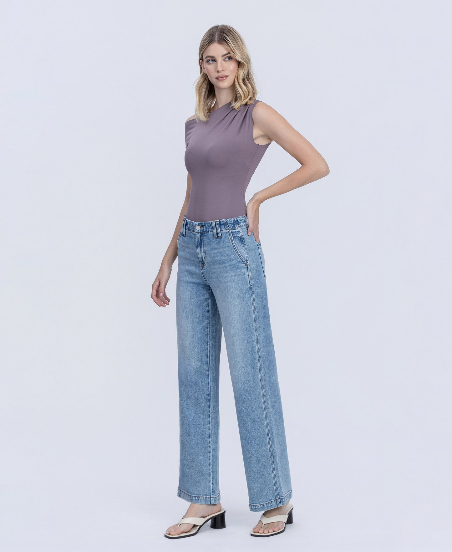 Left 45 degrees product image of Glimmer - High Rise Waist Facing Wide Leg Jeans