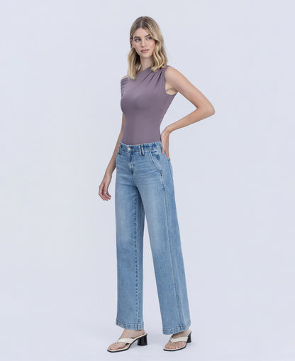 Left 45 degrees product image of Glimmer - High Rise Waist Facing Wide Leg Jeans